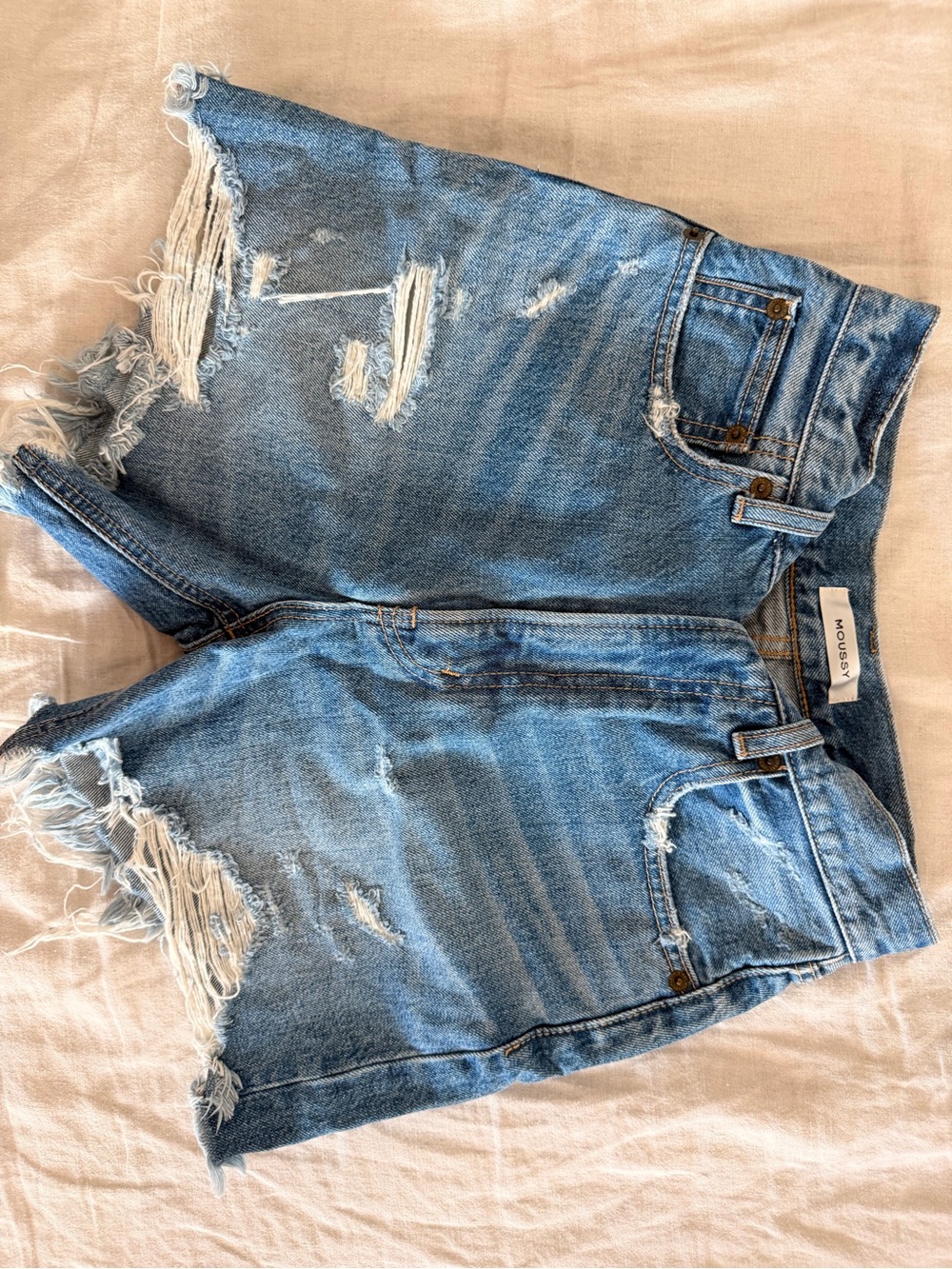 Moussy Faded Blue Distressed High-Rise Denim Shorts